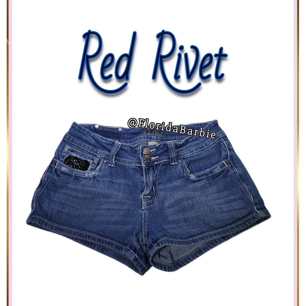 Red Rivet Juniors Y2K Denim Shorts Stretch Lace Rhinestones Distressed Size 9